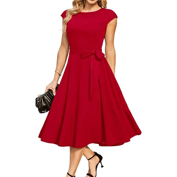 Dresstells Women's Red Modest Vintage Cocktail Formal Party Evening Dresses - Picture 1 of 11